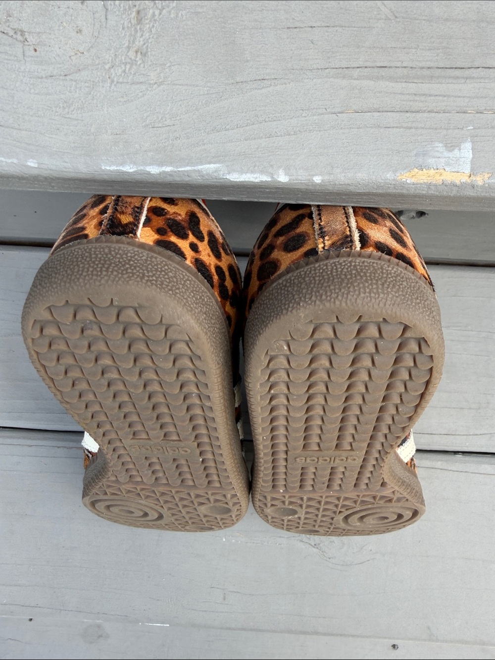 adidas women’s Leopard Print Sneakers with White Stripes and orange trim. - Picture 9 of 10